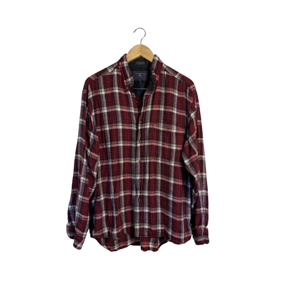 Vintage Coleman Flannel Shirt L Red Plaid Cotton Button Down Long Sleeve